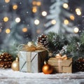 Gift boxes, present boxes,Christmas balls, fir branches,cones on a wooden table on a snowy background of festive bokeh.Christmas Royalty Free Stock Photo