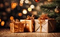 Gift boxes, present boxes,Christmas balls, fir branches on a wooden table on the background of festive bokeh.Christmas greeting Royalty Free Stock Photo