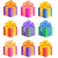 Gift boxes, presents icon set. Sale shopping concept. Birthday Party Christmas. Cartoon elements, flat design Royalty Free Stock Photo