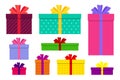 Gift boxes, presents isolated set vector. Flat surprise box with bows on holiday. Set of giftbox, present icon for birthday, Royalty Free Stock Photo
