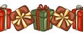 Gift boxes presents seamless border line, edging ribbon design for Christmas decor
