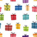 Gift boxes presents seamless pattern Hand drawn doodle collection Wrapped paper textile Sale shopping Birthday Christmas Royalty Free Stock Photo