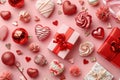 Gift boxes, red heart shapes and decorations on Valentine`s Day, top view. Festive pattern background, romantic home design, flat