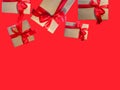 Gift boxes with red ribbon, copy space. Sale concepts, discounted price, Christmas gifts and shopping,Greeting card for Christmas Royalty Free Stock Photo