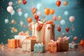 Gift boxes with ribbon, bow, colorful balloons and confetti, shopping suprise for holiday, wrapped package for birthday