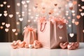 Gift boxes with ribbon and bow, colorful hearts, shopping bag, wrapped package for birthday or valentine, suprise for holiday