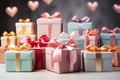 Gift boxes with ribbon, bow, colorful hearts, shopping suprise for holiday, wrapped package for birthday or valentine