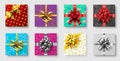 Gift boxes with ribbon bow. Gifts decoration bows, christmas holidays top view presents boxes 3d realistic vector illustration set Royalty Free Stock Photo