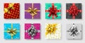 Gift boxes with ribbon bow. Gifts decoration bows, christmas holidays top view presents boxes 3d realistic vector Royalty Free Stock Photo