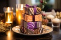 Gift boxes with ribbon and bow on a plate in a restaurant, A beautiful scene of a stack of beautifully wrapped, delicious boxes