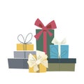 Gift boxes with ribbon bows, flat doodle illustration. Royalty Free Stock Photo
