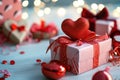 Gift boxes with ribbons and decorations on Valentine`s Day, red heart shapes on blue table and lights background. Romantic home