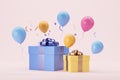 Gift boxes with ribbons and flying colorful balloons, party concept Royalty Free Stock Photo