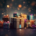 gift boxes and ribbons set against a glittering background