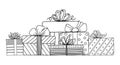 Gift boxes with ribbons set. Hand drawn doodle outline vector Royalty Free Stock Photo