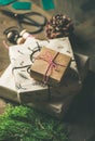 Gift boxes, rope, fur branches, scissors, selective focus Royalty Free Stock Photo