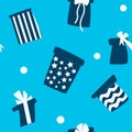 Gift boxes seamless pattern in blue and white colors