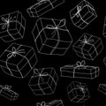 Gift boxes seamless pattern line drawing on black background.Seamless background with boxes .Vector design