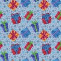 Gift Boxes Seamless Pattern with Snowflakes on Background.