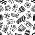 Gift boxes seamless vector pattern. Containers with bows, ribbons. Black and white presents with polka dot, stripes. Hand drawn Royalty Free Stock Photo