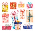 Gift boxes set, presents isolated on white. Watercolor cute vector Colorful wrapped. Sale, holidays concept.