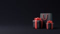 Gift boxes and shopping bag on black background Royalty Free Stock Photo
