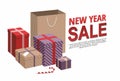 Gift boxes and shopping bags on white background. New Year sale