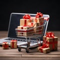 gift boxes in shopping cart , Laptop, generatedAI Royalty Free Stock Photo