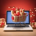 gift boxes in shopping cart, Laptop, generatedAI Royalty Free Stock Photo