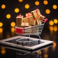 gift boxes in shopping cart , Laptop , generatedAI Royalty Free Stock Photo