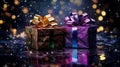 gift boxes sitting on a table next to each other in front of christmas lights Royalty Free Stock Photo