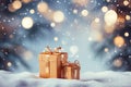 Gift boxes on snow with bokeh background. Christmas and New Year concept Royalty Free Stock Photo