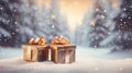 Gift boxes on snow with bokeh background. Christmas and New Year concept Royalty Free Stock Photo