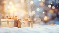 Gift boxes on snow with bokeh background. Christmas and New Year concept Royalty Free Stock Photo