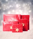 Gift boxes in snowing night Royalty Free Stock Photo
