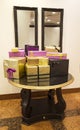 Gift boxes on the table in front of the mirror Royalty Free Stock Photo