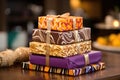 Gift boxes on the table in a restaurant. Selective focus. A beautiful scene of a stack of beautifully wrapped, delicious boxes