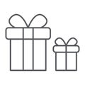 Gift boxes thin line icon, package and surprise, presents sign, vector graphics, a linear pattern on a white background. Royalty Free Stock Photo