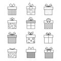 Gift boxes thin line icons. Vector present box linear signs set for celebration design Royalty Free Stock Photo