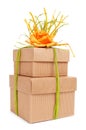 gift boxes tied with natural raffia of different colors and topped with a flower Royalty Free Stock Photo