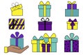 Gift boxes tied with ribbon. Vector image of surprises. Flat icons for different holidays. Stock Photo Royalty Free Stock Photo