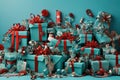 gift boxes tied velvet ribbons and paper decorations on turquoise background