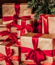 Gift boxes and traditional Christmas tree, wrapped presents and decor in colonial style as holiday home decoration