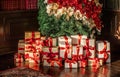 Gift boxes and traditional Christmas tree, wrapped presents and decor in colonial style as holiday home decoration