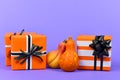 Gift boxes with traditional Halloween event colors orange, black and white and small ceramic pumpkins on purple background Royalty Free Stock Photo