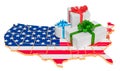 Gift boxes on the USA map. Christmas and New Year holidays in the United States concept. 3D rendering Royalty Free Stock Photo