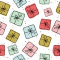 Gift boxes vector pattern seamless. background with gift boxes with bows. Illustration for greeting cards, wrapping paper, Royalty Free Stock Photo
