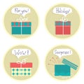 Gift boxes .Vector set color presents with text isolated on whit Royalty Free Stock Photo