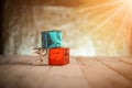 Gift boxes on wooden background Royalty Free Stock Photo