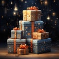 Gift boxes on a wooden background. 3d rendering. Vintage style. Generative AI